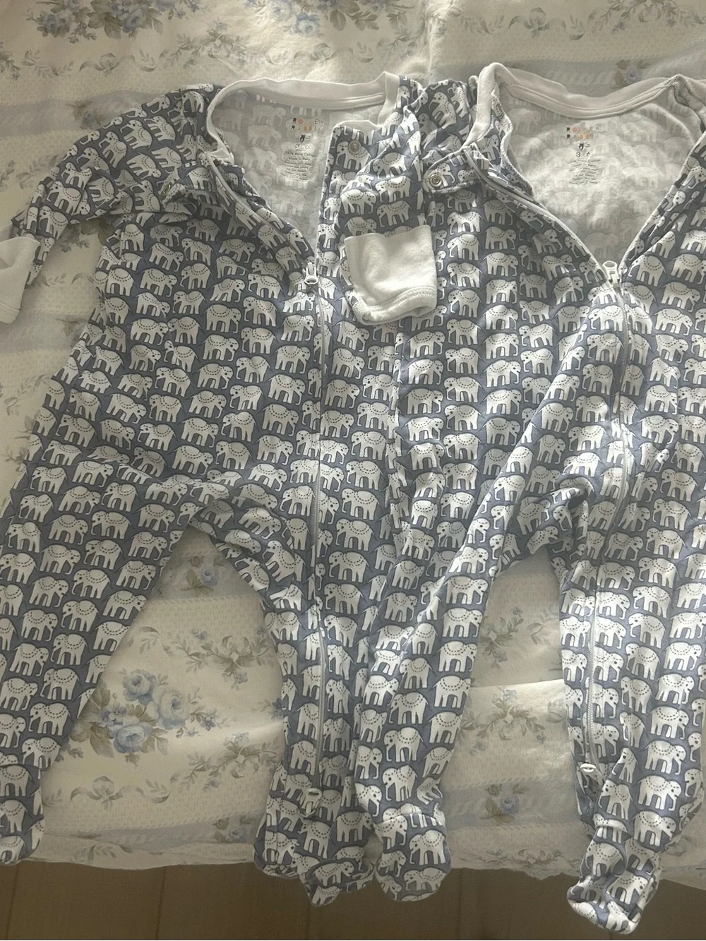 Roller Rabbit Blue and White Elephant Print Footed One-Piece